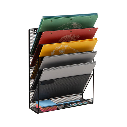 Mind Reader 5-Tier Vertical File Storage, Desktop Organizer, Wall Mount, Office, Metal Mesh, 12.75"L x 4"W x 16"H