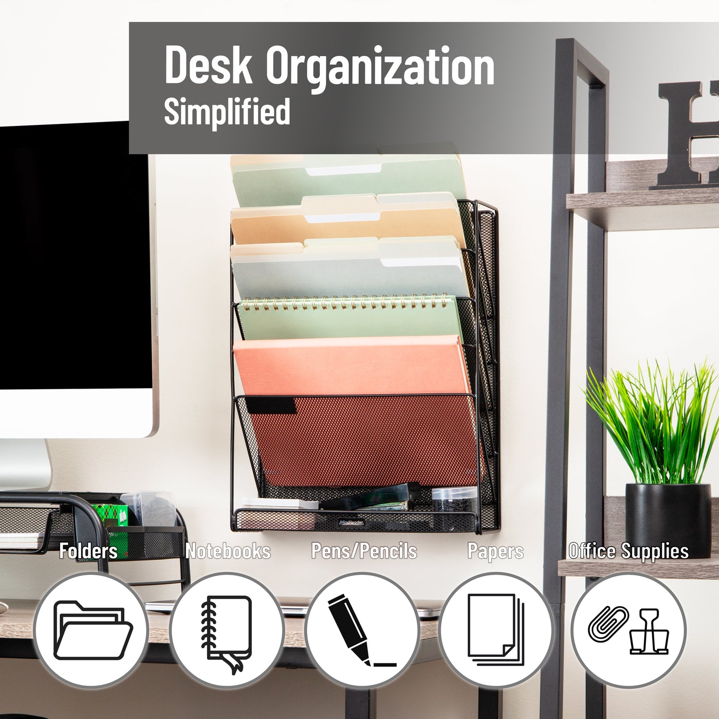 Mind Reader 5-Tier Vertical File Storage, Desktop Organizer, Wall Mount, Office, Metal Mesh, 12.75"L x 4"W x 16"H