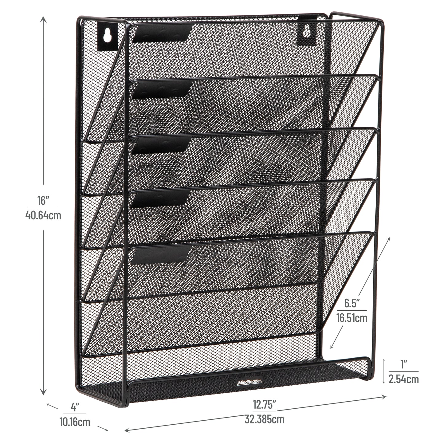 Mind Reader 5-Tier Vertical File Storage, Desktop Organizer, Wall Mount, Office, Metal Mesh, 12.75"L x 4"W x 16"H