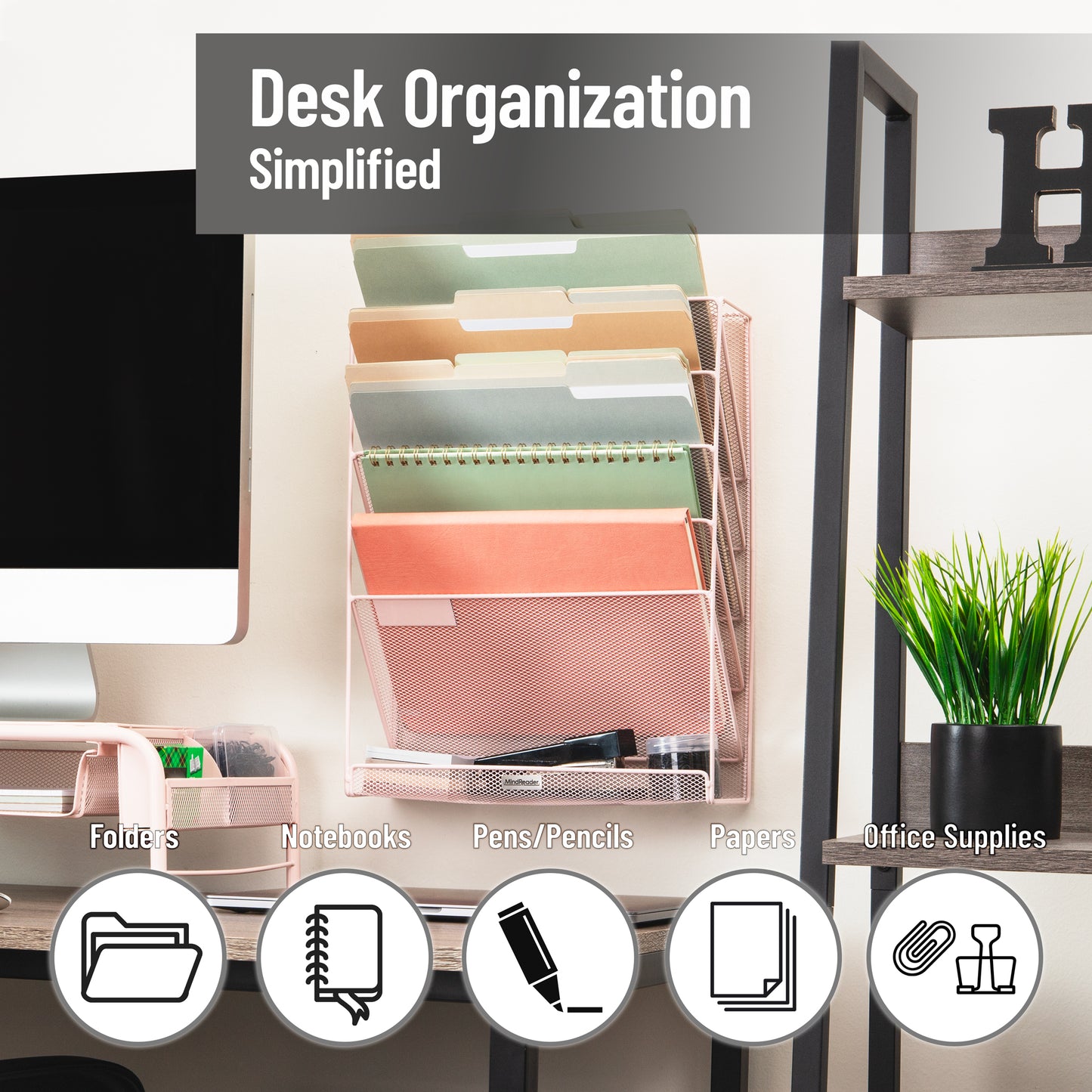 Mind Reader 5-Tier Vertical File Storage, Desktop Organizer, Wall Mount, Office, Metal Mesh, 12.75"L x 4"W x 16"H