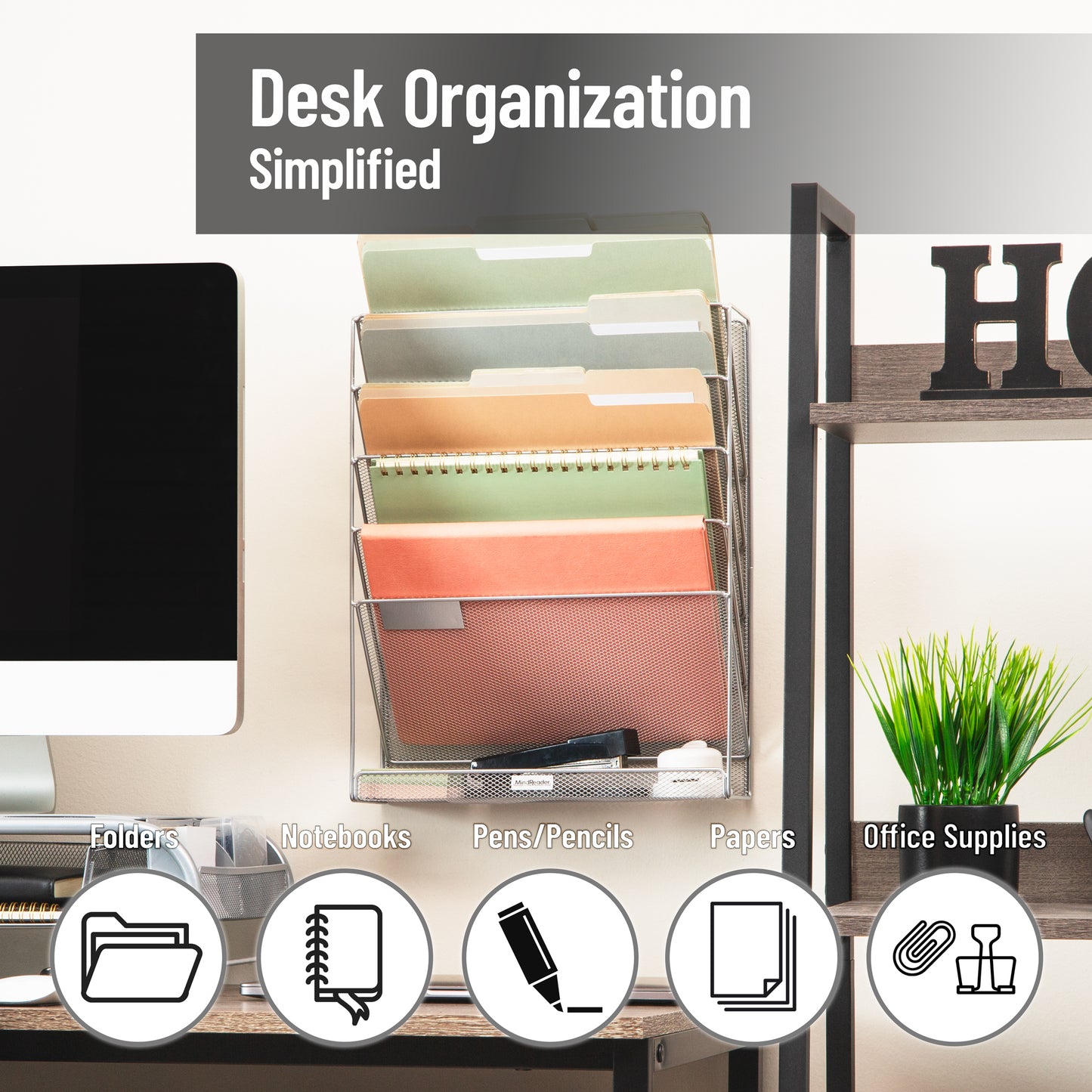Mind Reader 5-Tier Vertical File Storage, Desktop Organizer, Wall Mount, Office, Metal Mesh, 12.75"L x 4"W x 16"H