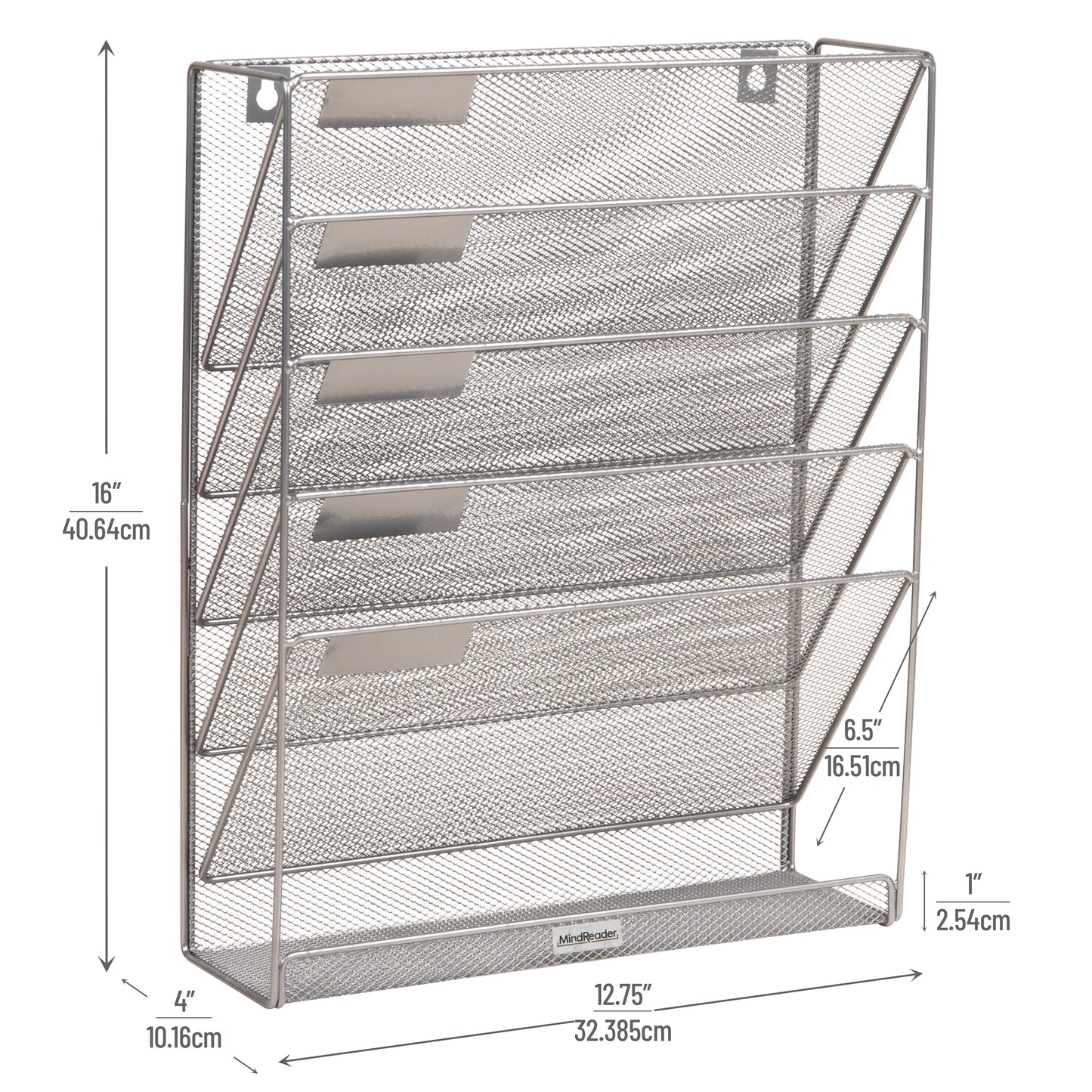 Mind Reader 5-Tier Vertical File Storage, Desktop Organizer, Wall Mount, Office, Metal Mesh, 12.75"L x 4"W x 16"H