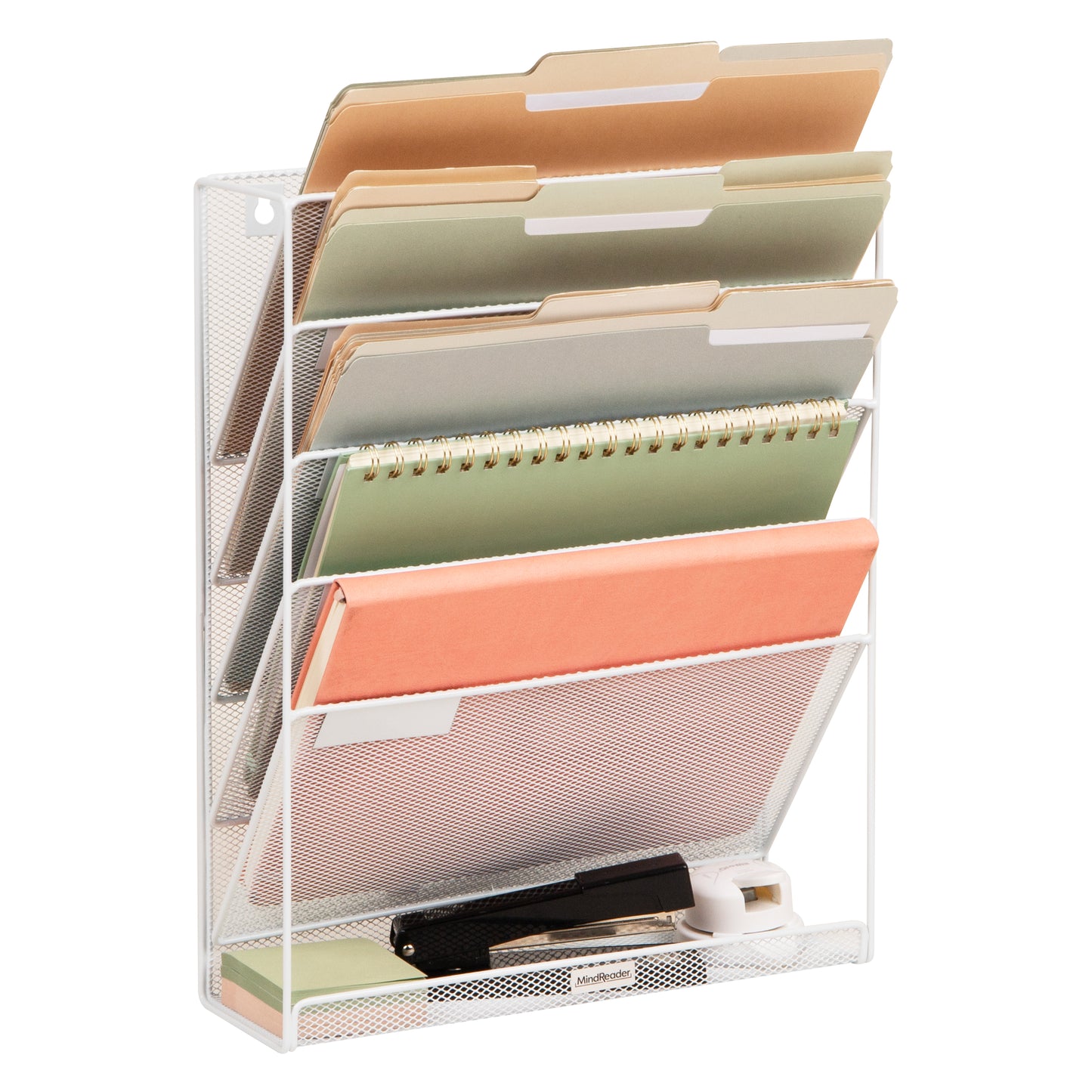 Mind Reader 5-Tier Vertical File Storage, Desktop Organizer, Wall Mount, Office, Metal Mesh, 12.75"L x 4"W x 16"H