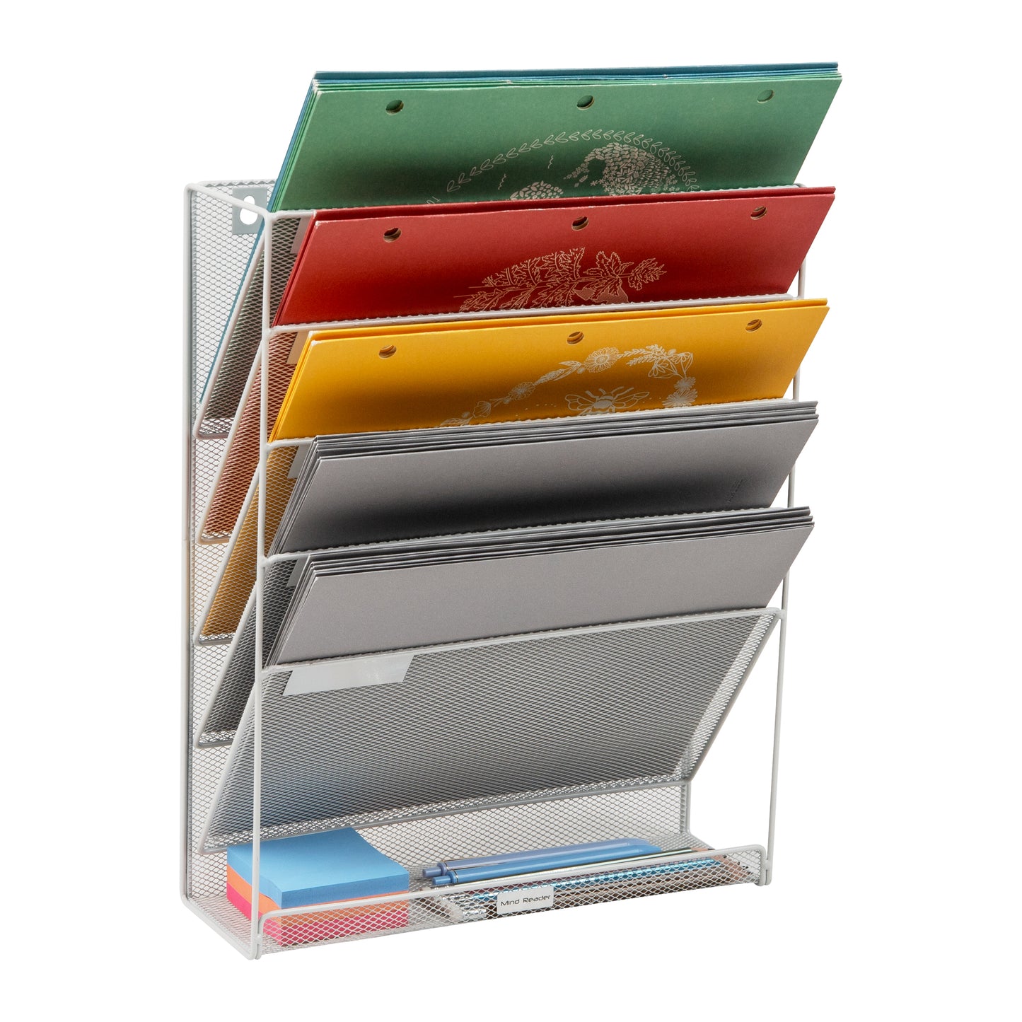 Mind Reader 5-Tier Vertical File Storage, Desktop Organizer, Wall Mount, Office, Metal Mesh, 12.75"L x 4"W x 16"H