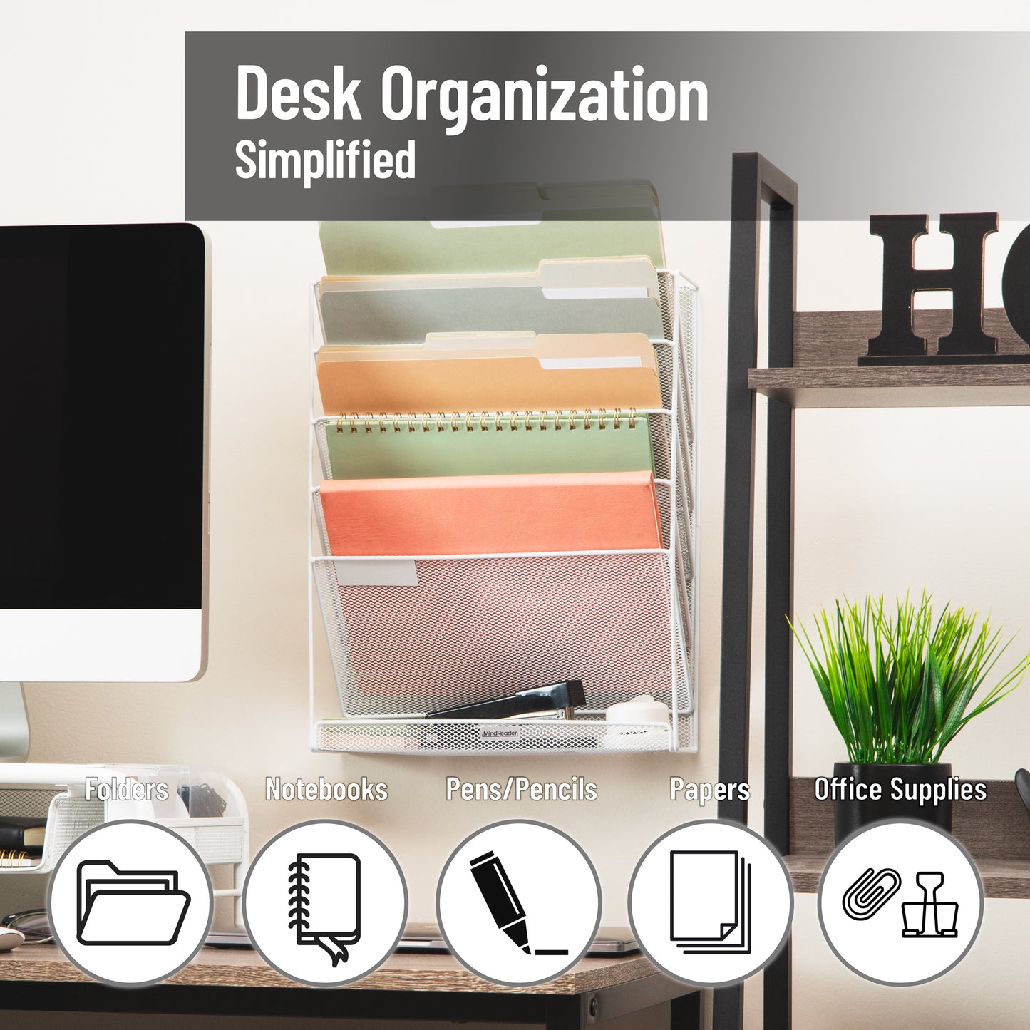 Mind Reader 5-Tier Vertical File Storage, Desktop Organizer, Wall Mount, Office, Metal Mesh, 12.75"L x 4"W x 16"H