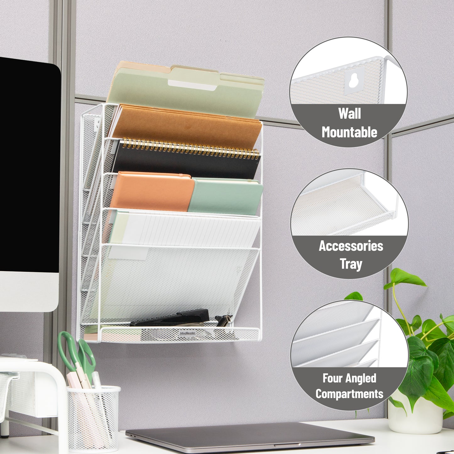 Mind Reader 5-Tier Vertical File Storage, Desktop Organizer, Wall Mount, Office, Metal Mesh, 12.75"L x 4"W x 16"H