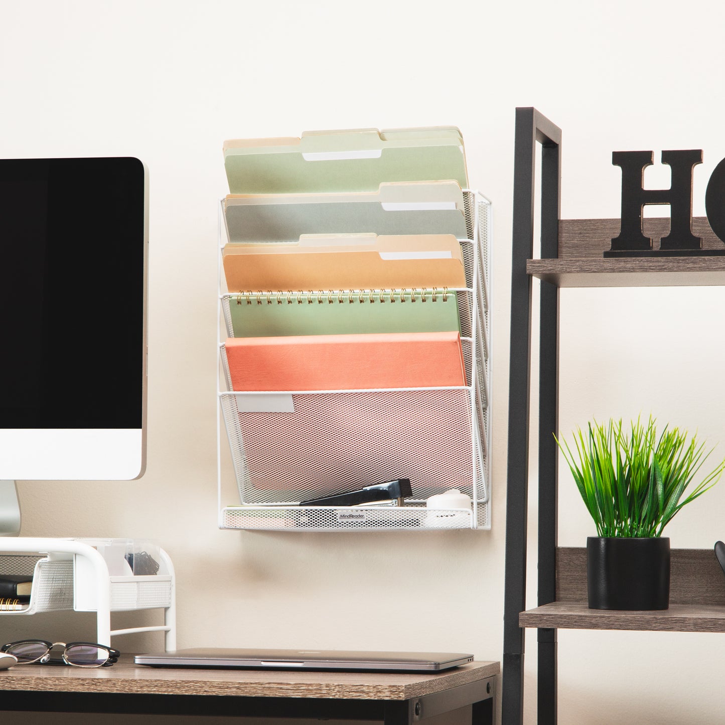 Mind Reader 5-Tier Vertical File Storage, Desktop Organizer, Wall Mount, Office, Metal Mesh, 12.75"L x 4"W x 16"H