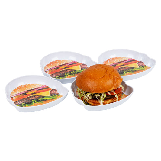 Mind Reader Bon Appetit Collection, Cheeseburger Serving Plates for Parties and BBQs, 4 Piece Set, Melamine, 7"L x 7"W x 1"H, White