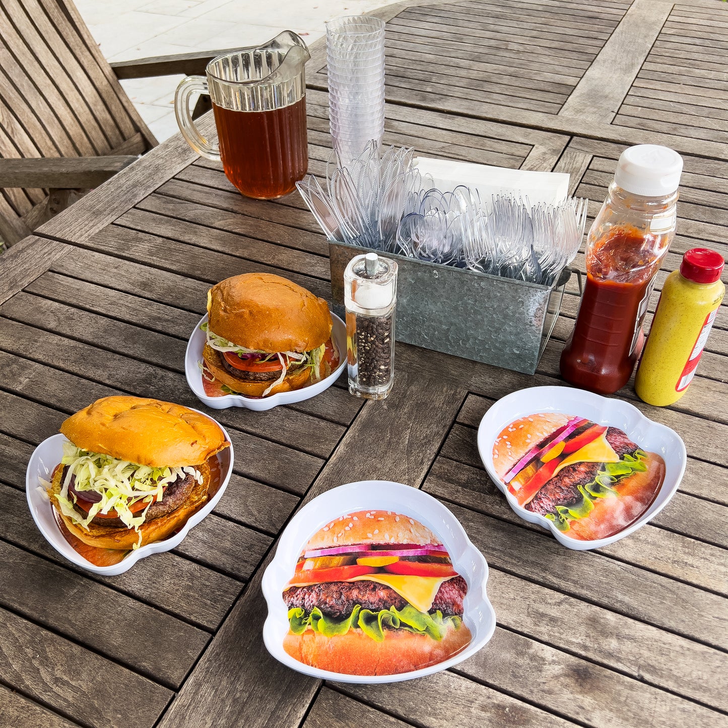 Mind Reader Bon Appetit Collection, Cheeseburger Serving Plates for Parties and BBQs, 4 Piece Set, Melamine, 7"L x 7"W x 1"H, White