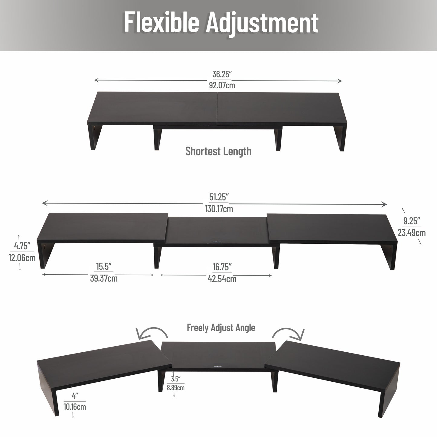 Mind Reader Dual Monitor Stand, Adjustable MDF Desktop Riser for Laptop, Monitor, TV, Expands to 51.25" Wide, Office or Home