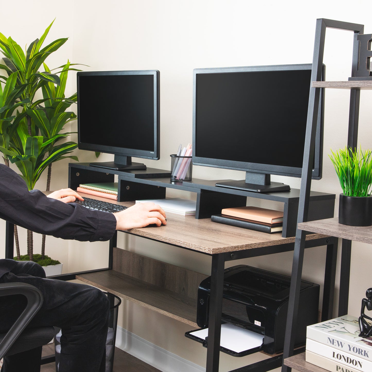 Mind Reader Dual Monitor Stand, Adjustable MDF Desktop Riser for Laptop, Monitor, TV, Expands to 51.25" Wide, Office or Home