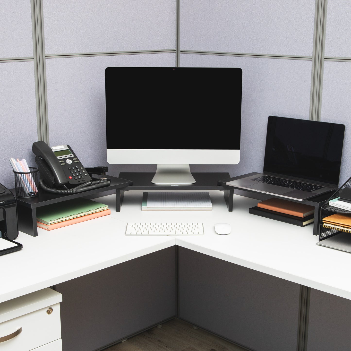 Mind Reader Dual Monitor Stand, Adjustable MDF Desktop Riser for Laptop, Monitor, TV, Expands to 51.25" Wide, Office or Home