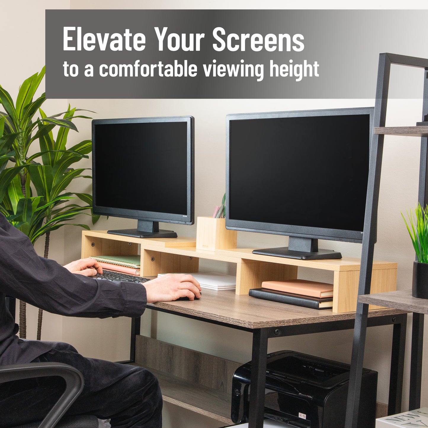 Mind Reader Dual Monitor Stand, Adjustable MDF Desktop Riser for Laptop, Monitor, TV, Expands to 51.25" Wide, Office or Home