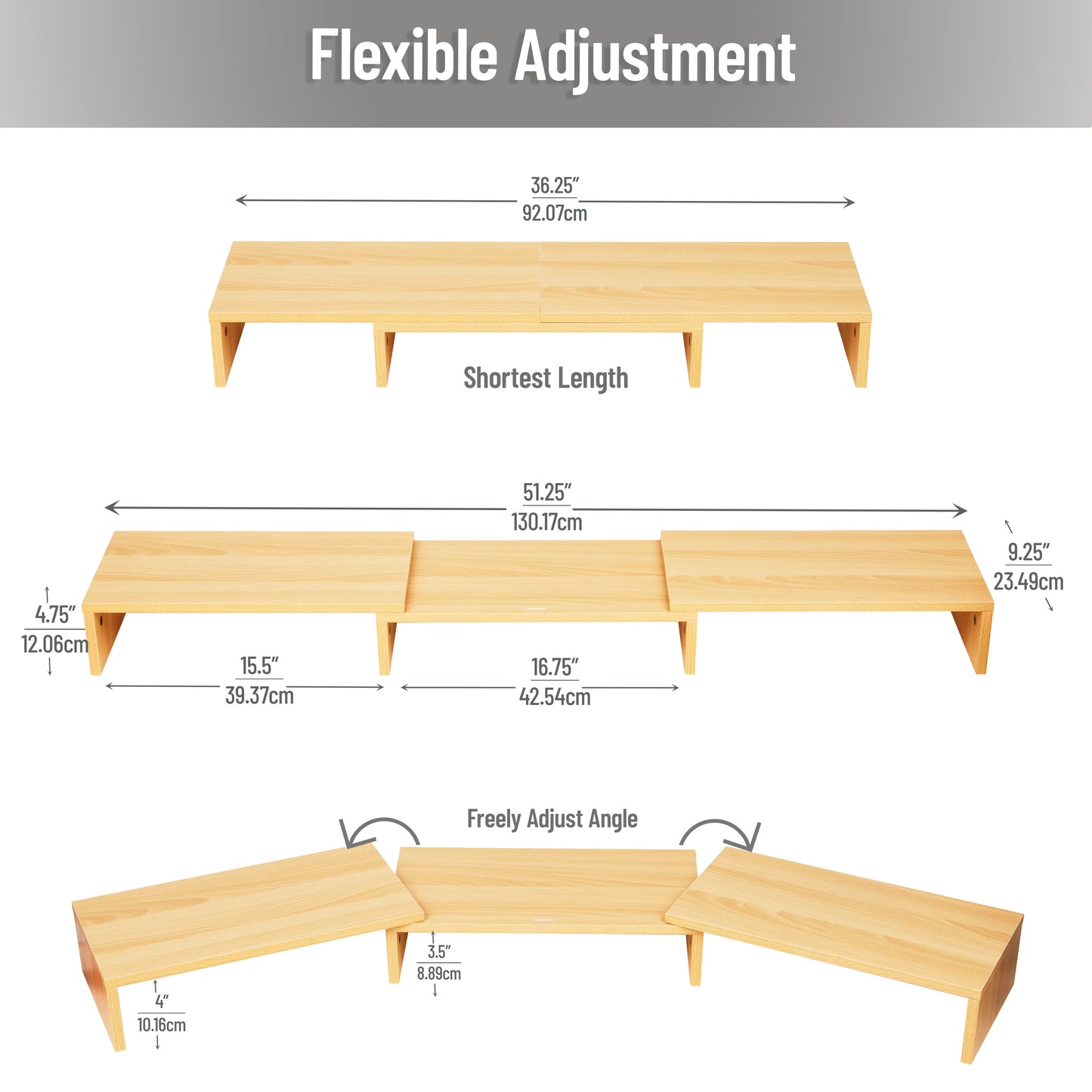 Mind Reader Dual Monitor Stand, Adjustable MDF Desktop Riser for Laptop, Monitor, TV, Expands to 51.25" Wide, Office or Home