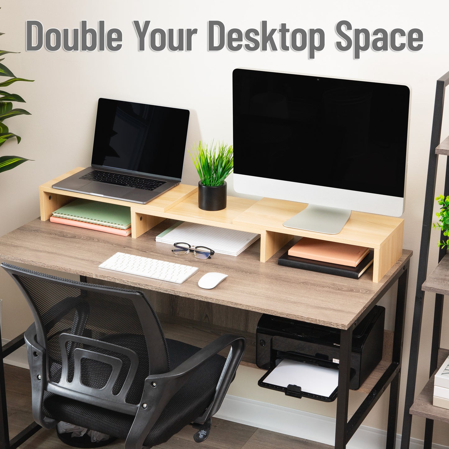 Mind Reader Dual Monitor Stand, Adjustable MDF Desktop Riser for Laptop, Monitor, TV, Expands to 51.25" Wide, Office or Home