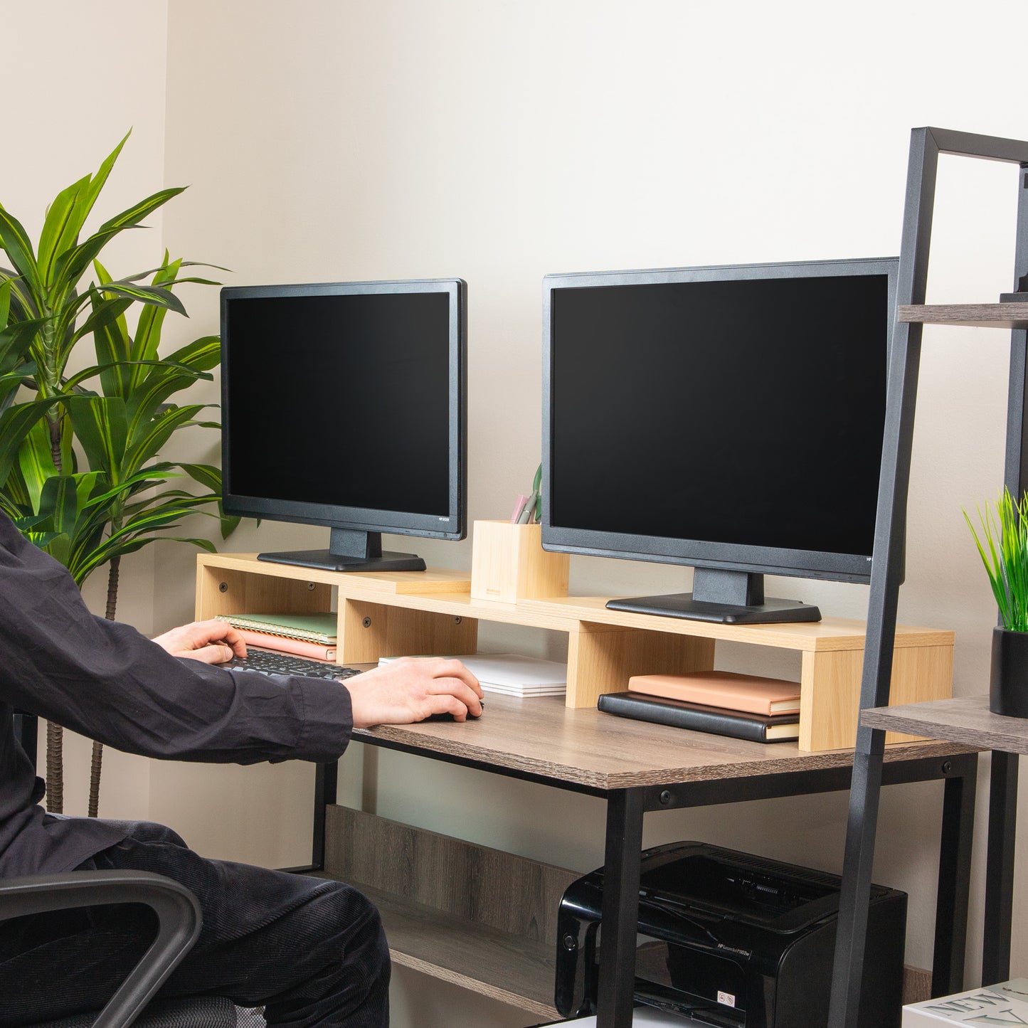 Mind Reader Dual Monitor Stand, Adjustable MDF Desktop Riser for Laptop, Monitor, TV, Expands to 51.25" Wide, Office or Home