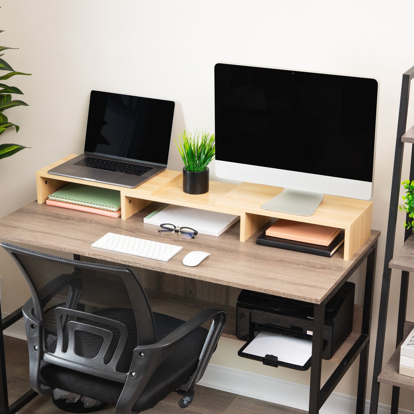 Mind Reader Dual Monitor Stand, Adjustable MDF Desktop Riser for Laptop, Monitor, TV, Expands to 51.25" Wide, Office or Home