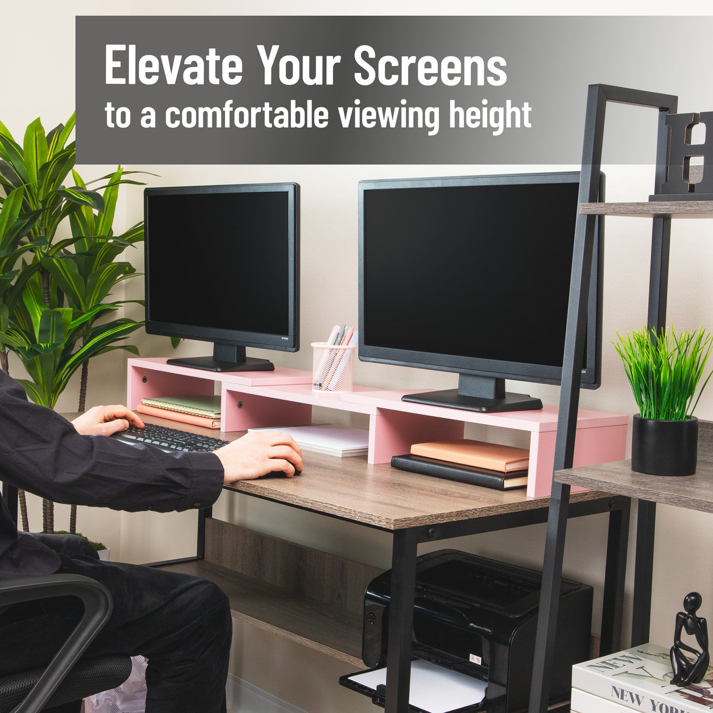 Mind Reader Dual Monitor Stand, Adjustable MDF Desktop Riser for Laptop, Monitor, TV, Expands to 51.25" Wide, Office or Home