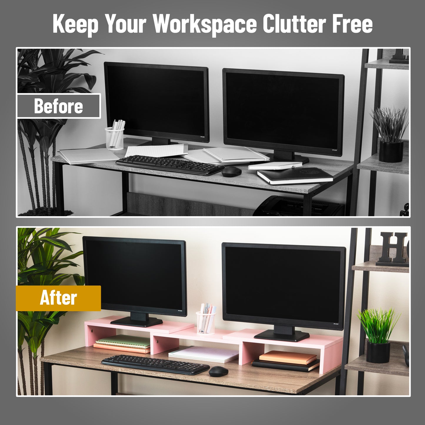 Mind Reader Dual Monitor Stand, Adjustable MDF Desktop Riser for Laptop, Monitor, TV, Expands to 51.25" Wide, Office or Home