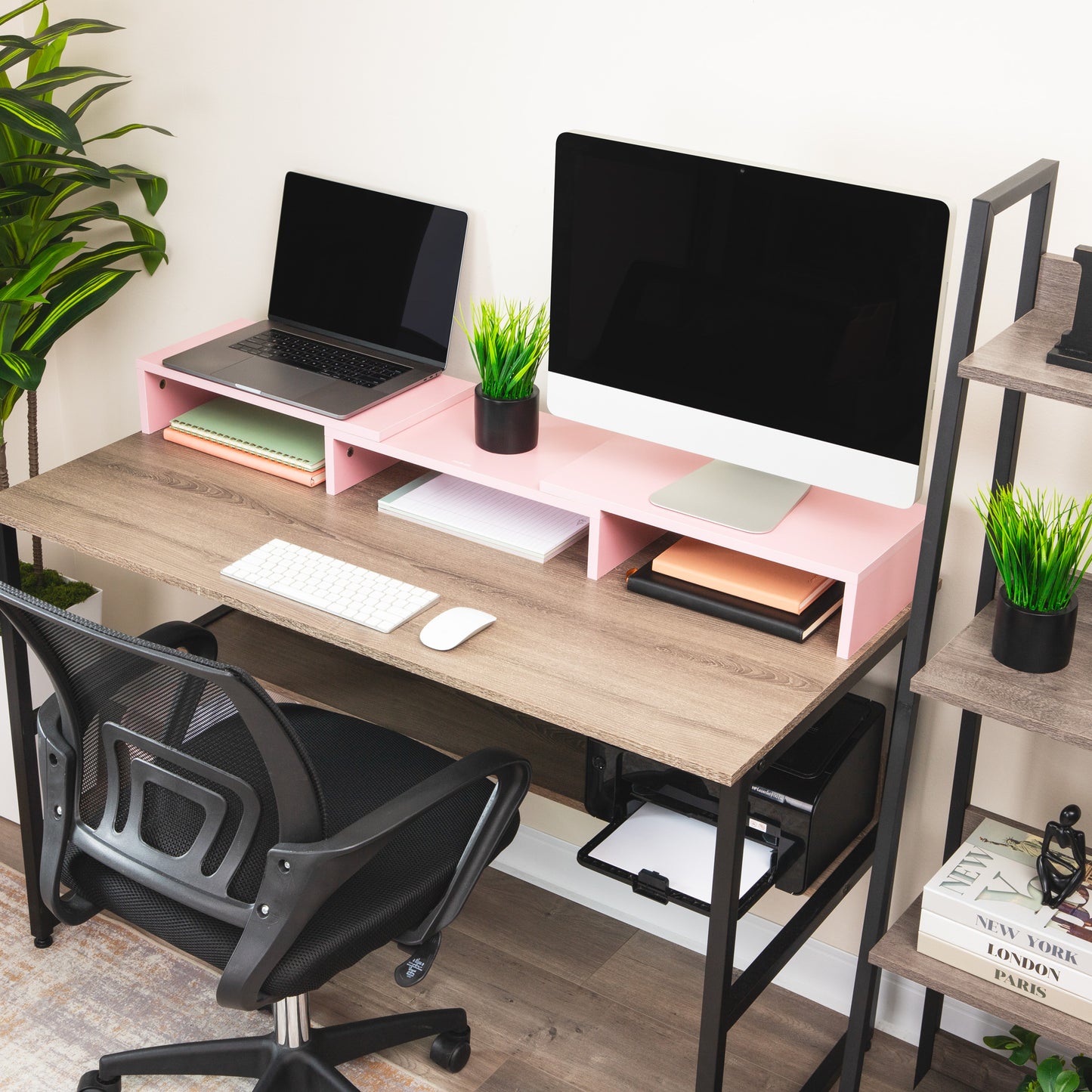 Mind Reader Dual Monitor Stand, Adjustable MDF Desktop Riser for Laptop, Monitor, TV, Expands to 51.25" Wide, Office or Home