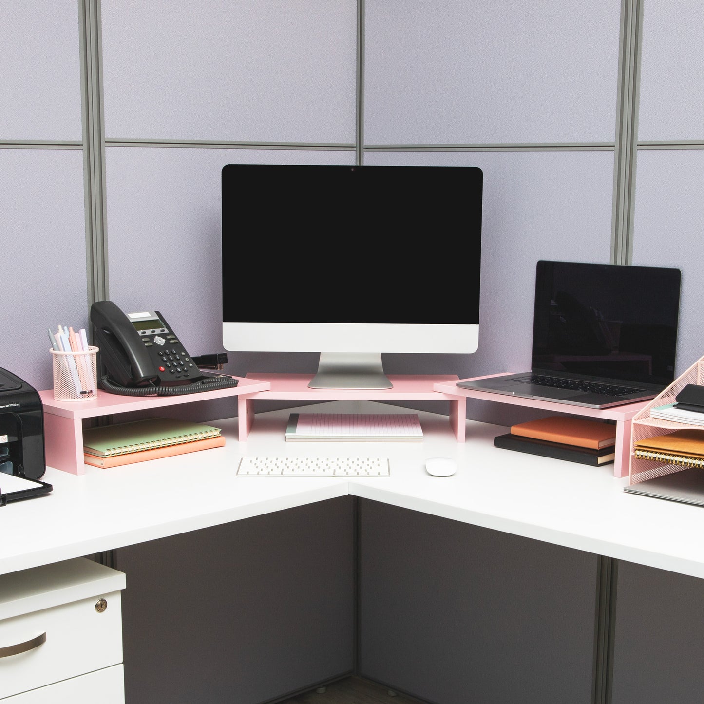 Mind Reader Dual Monitor Stand, Adjustable MDF Desktop Riser for Laptop, Monitor, TV, Expands to 51.25" Wide, Office or Home