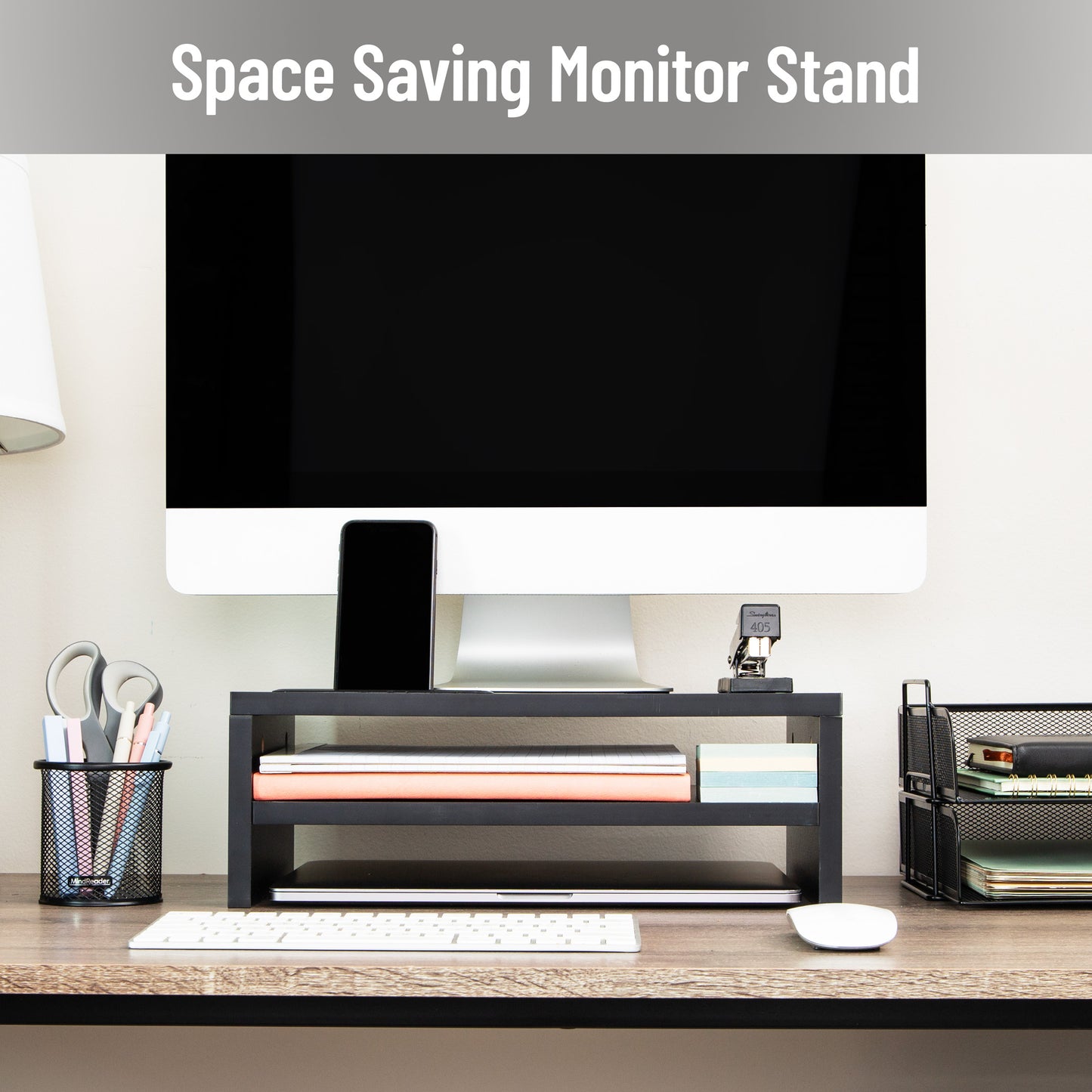 Mind Reader Monitor Stand with Phone Slot and Storage Shelf, Desktop Riser, 88 lb Capacity, MDF Wood, Black