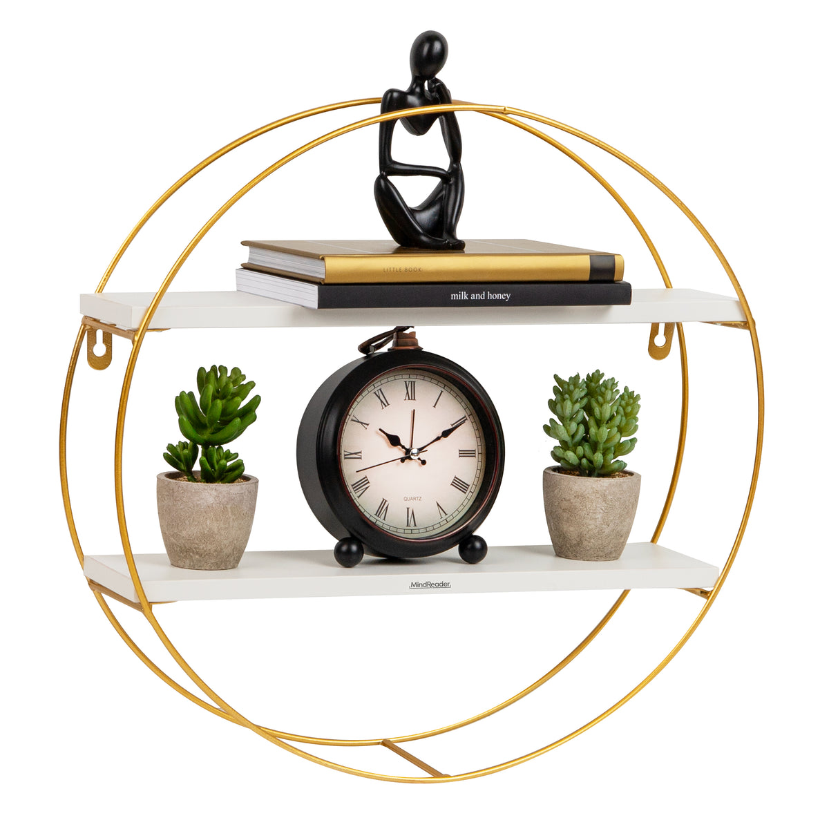 Mind Reader Floating Round Wall Shelves, Gold Metal Frame with Dual White Display Shelves, Decorative Wall-Mounted Organizer for Living Room, Office, or Bathroom, Metal. MDF, White