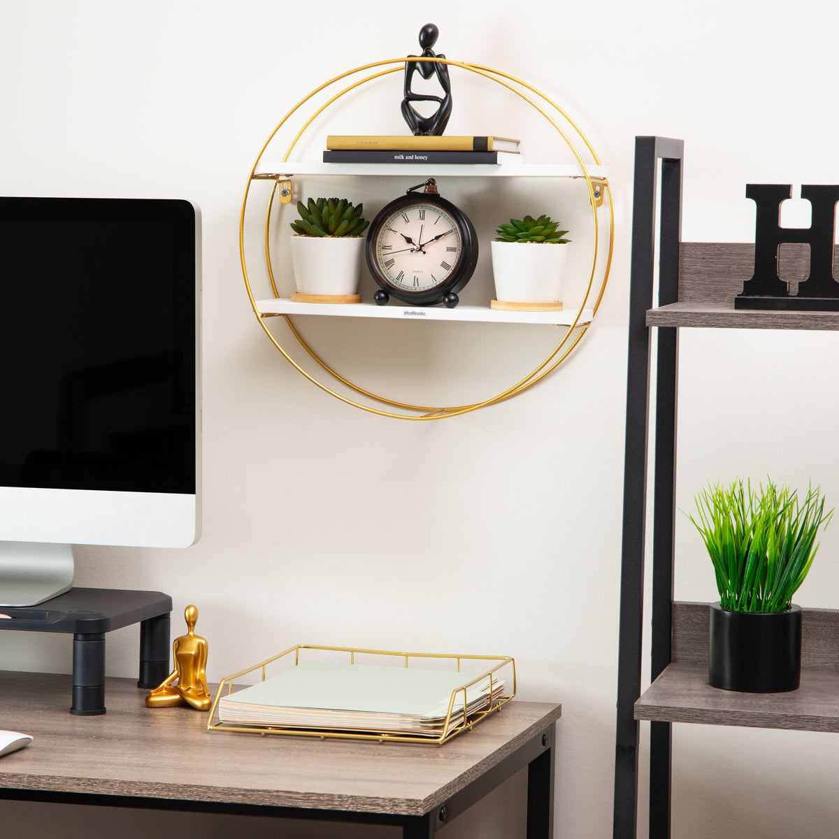 Mind Reader Floating Round Wall Shelves, Gold Metal Frame with Dual White Display Shelves, Decorative Wall-Mounted Organizer for Living Room, Office, or Bathroom, Metal. MDF, White