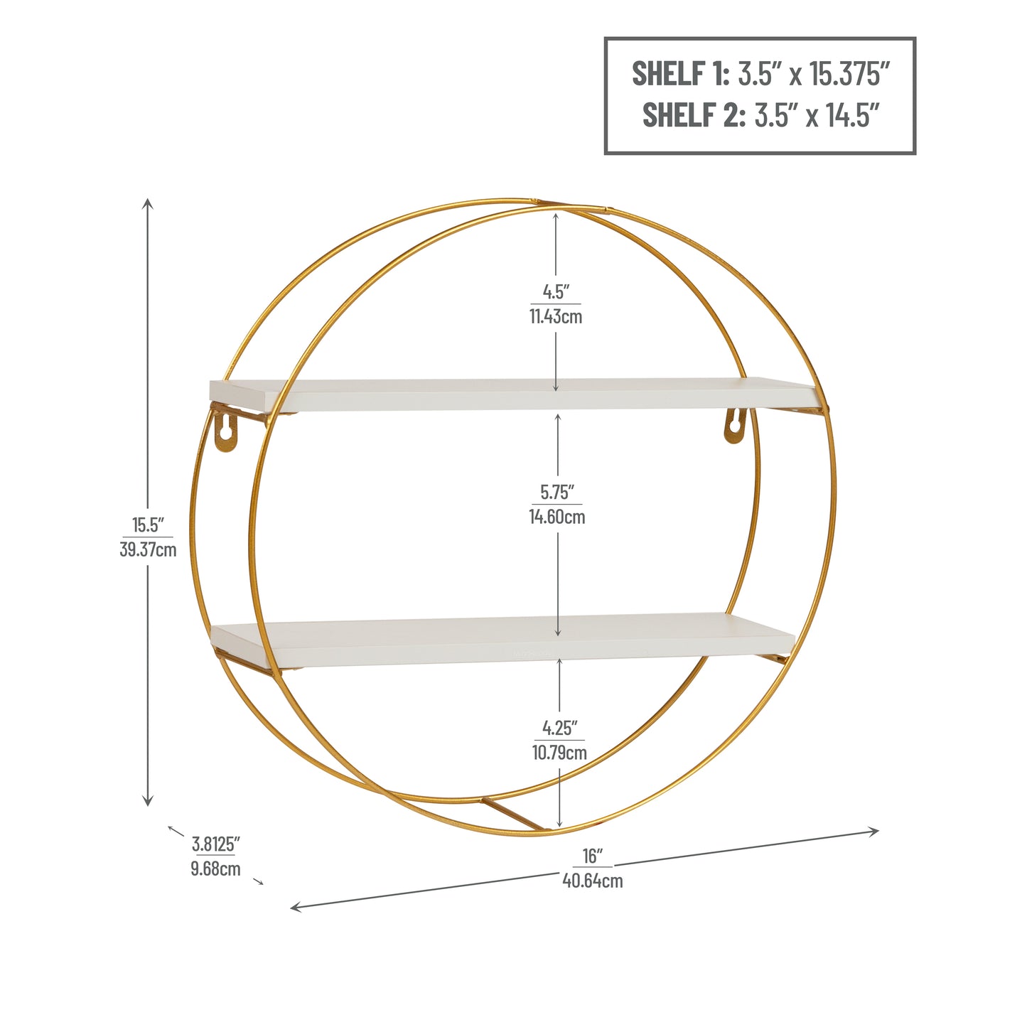 Mind Reader Floating Round Wall Shelves, Gold Metal Frame with Dual White Display Shelves, Decorative Wall-Mounted Organizer for Living Room, Office, or Bathroom, Metal. MDF, White