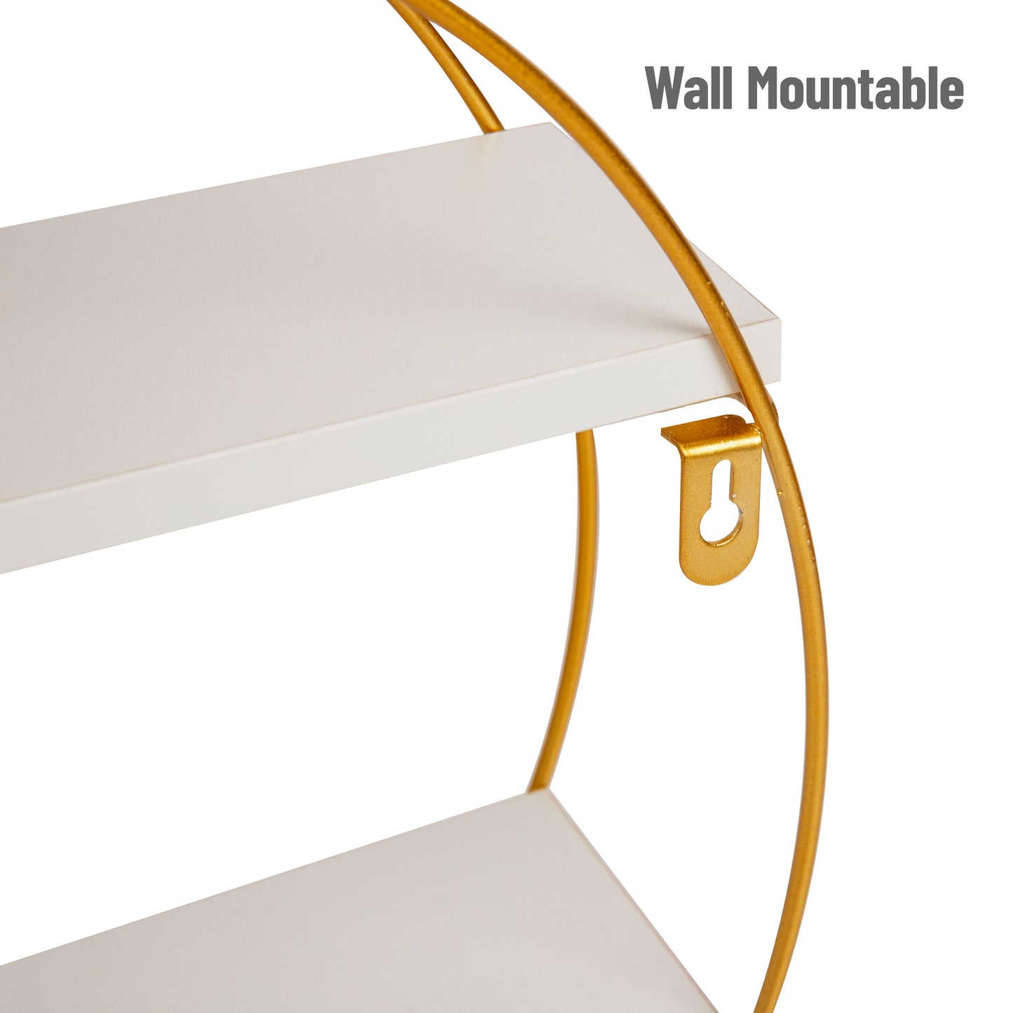Mind Reader Floating Round Wall Shelves, Gold Metal Frame with Dual White Display Shelves, Decorative Wall-Mounted Organizer for Living Room, Office, or Bathroom, Metal. MDF, White