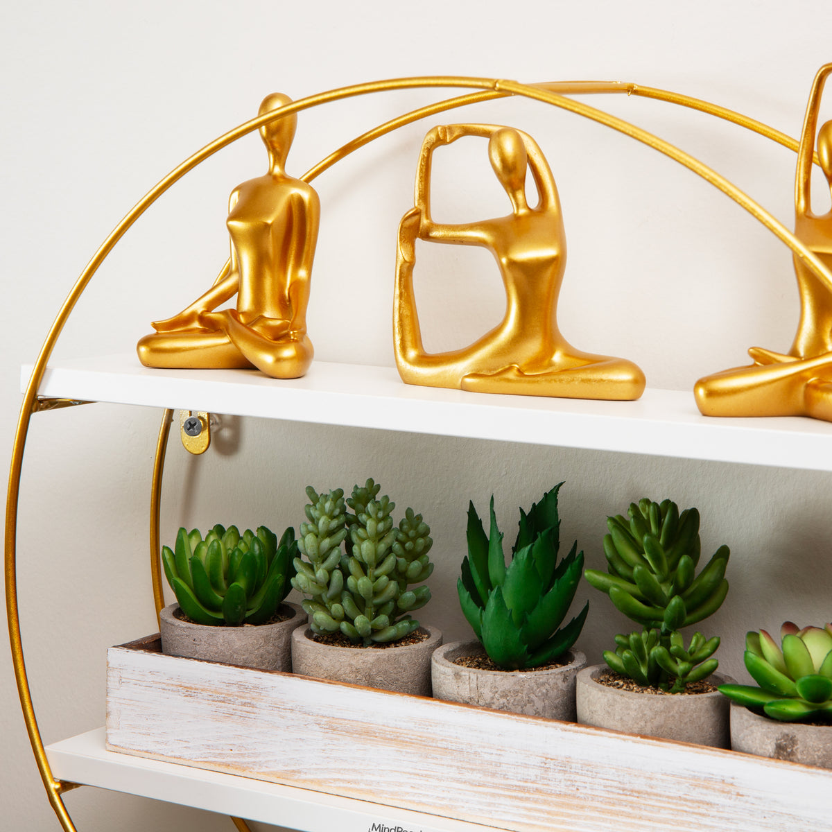 Mind Reader Floating Round Wall Shelves, Gold Metal Frame with Dual White Display Shelves, Decorative Wall-Mounted Organizer for Living Room, Office, or Bathroom, Metal. MDF, White