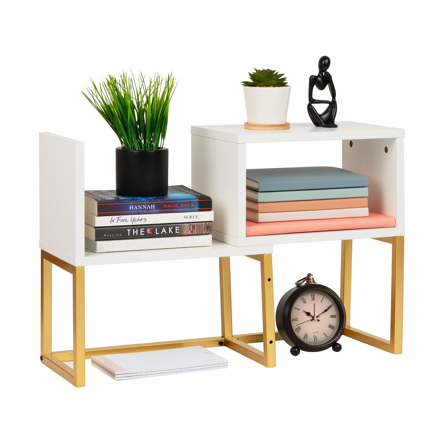 Mind Reader Desktop Bookshelf, 5-Compartment Organizer for Office Desk, Vanity, or Bathroom, Modern Storage Display, Metal. MDF, White