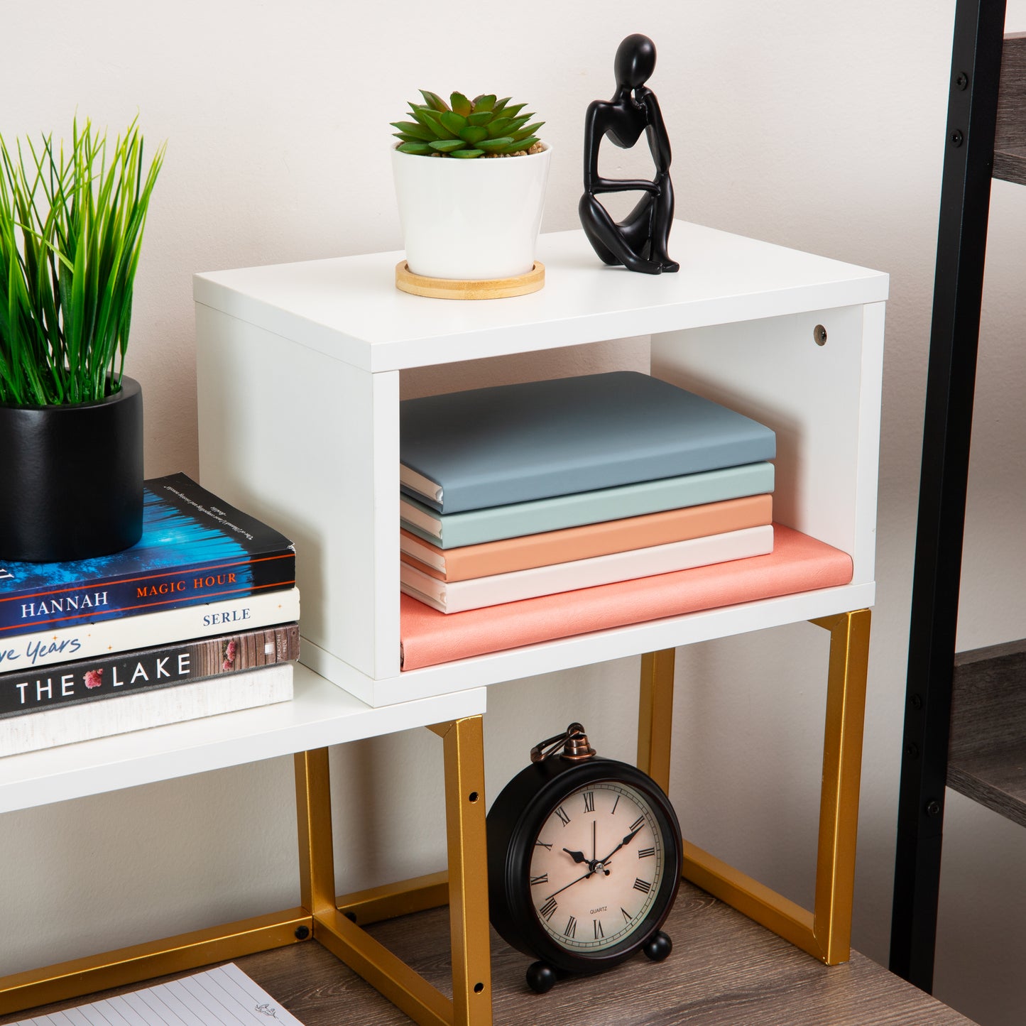 Mind Reader Desktop Bookshelf, 5-Compartment Organizer for Office Desk, Vanity, or Bathroom, Modern Storage Display, Metal. MDF, White