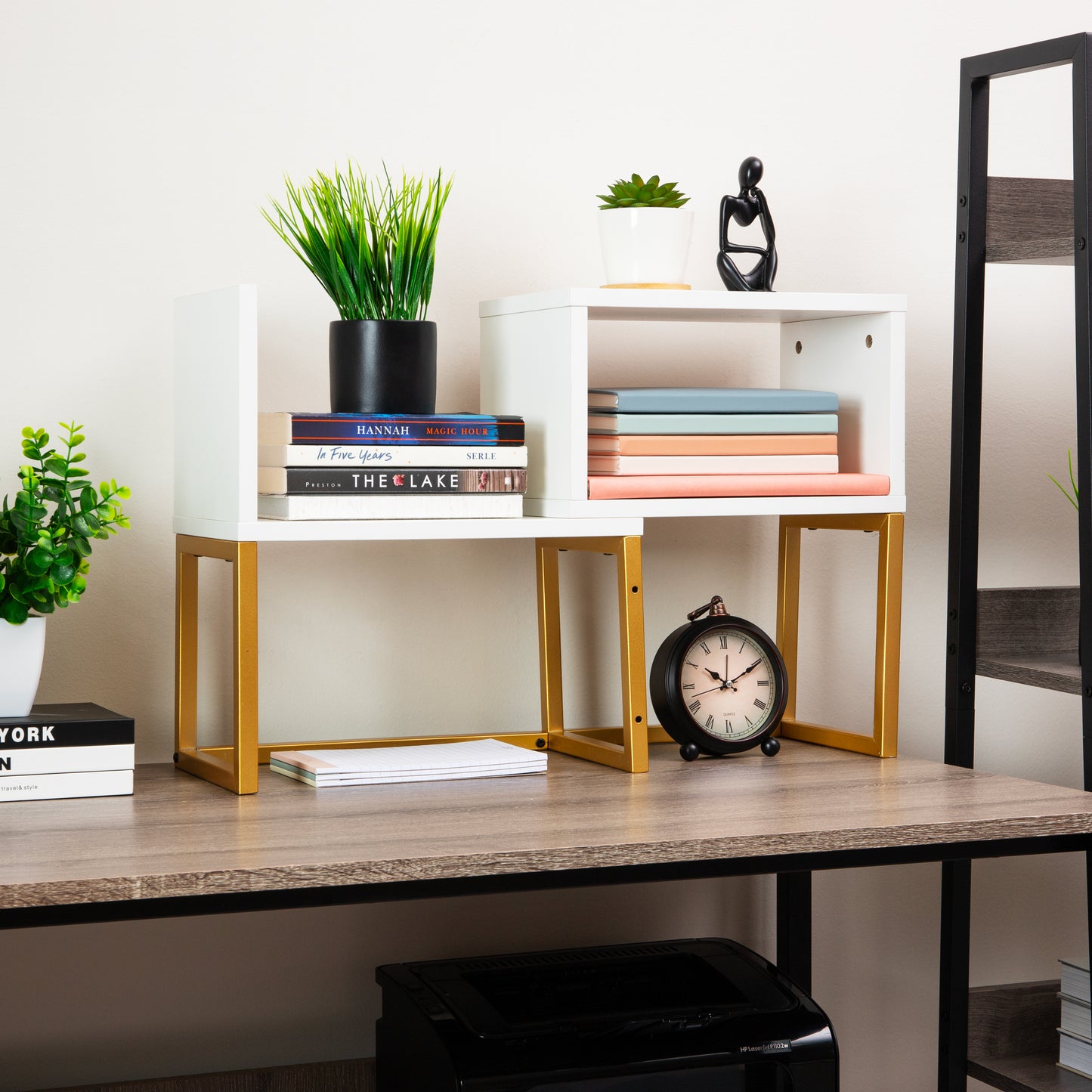 Mind Reader Desktop Bookshelf, 5-Compartment Organizer for Office Desk, Vanity, or Bathroom, Modern Storage Display, Metal. MDF, White