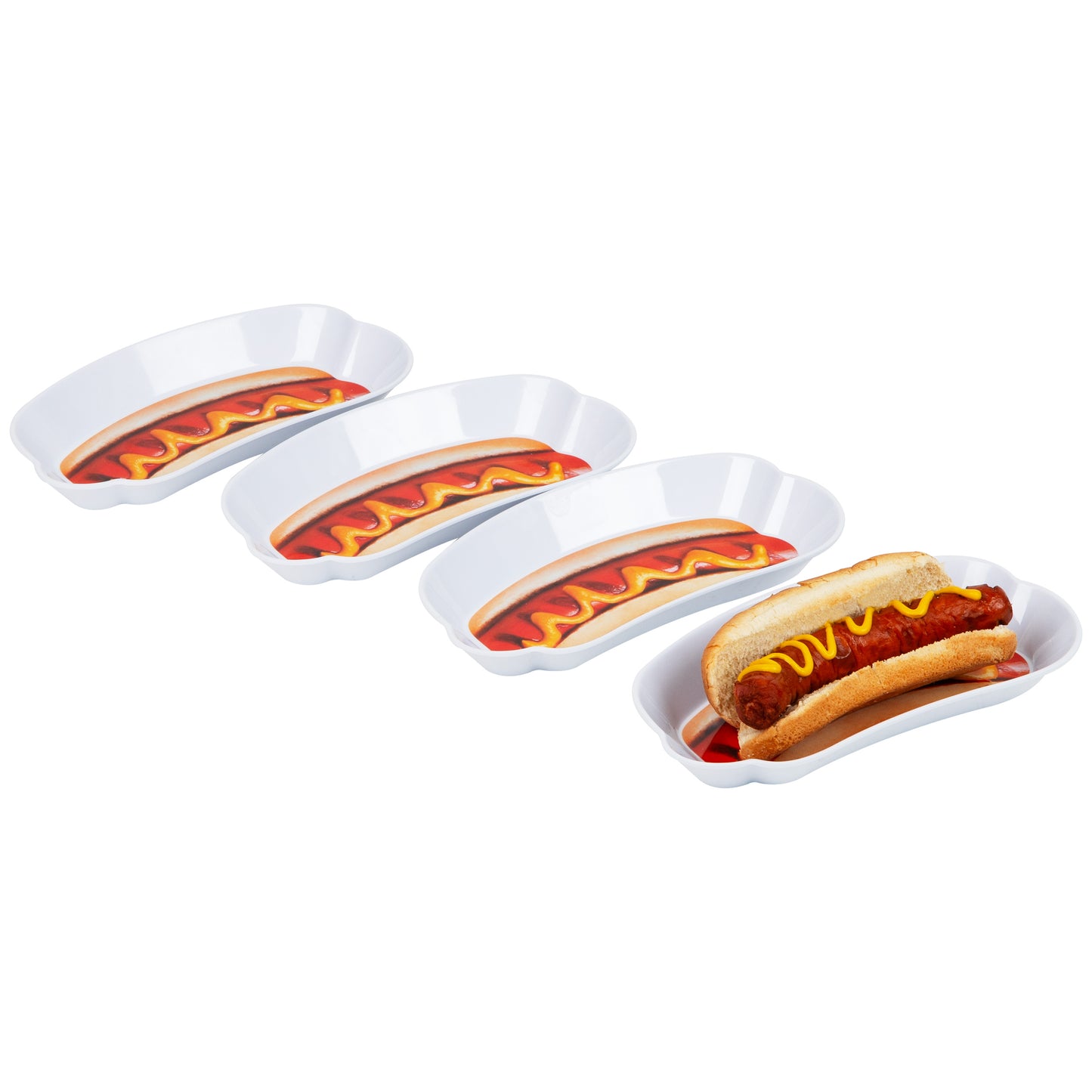 Mind Reader Hot Dog Serving Plate Set, Hosting Essentials, Outdoor Kitchen, Melamine, 8.5"L x 4.5"W x 1"H, 4 pcs, White