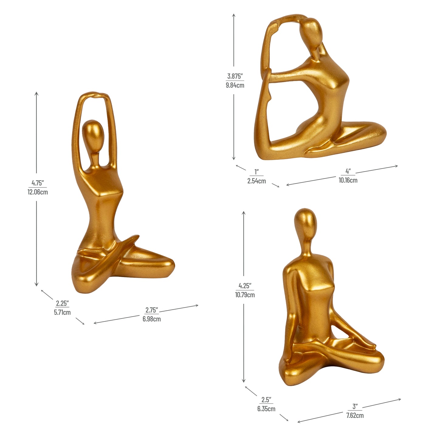 Mind Reader Yoga Figurine Set, Meditation Statues for Home, Office, or Studio Decor, Elegant Mindful Gift, Resin, 2.75"L x 2.25"W x 4.75"H, Set of 3, Gold