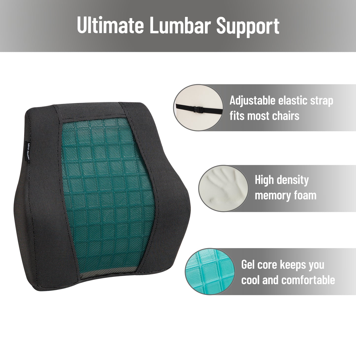 Mind Reader Lumbar Support Cushion for Office Chair and Car Seat, Memory Foam and Cooling Gel Core, Back Pain Relief, Improves Posture, 15.5"L x 3.75"W x 14"H, Black