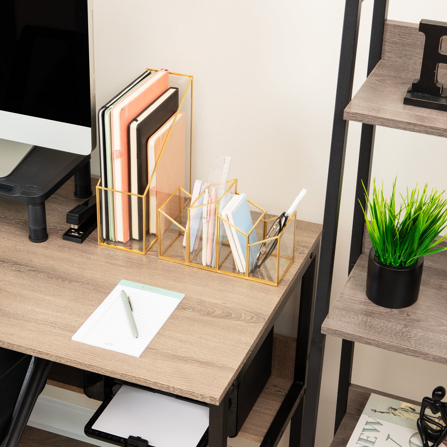 Mind Reader 4-Compartment Angled Glass Pen Holder with Copper Trim, Desktop Organizer for Office Supplies & Accessories, Glass and Copper, Clear