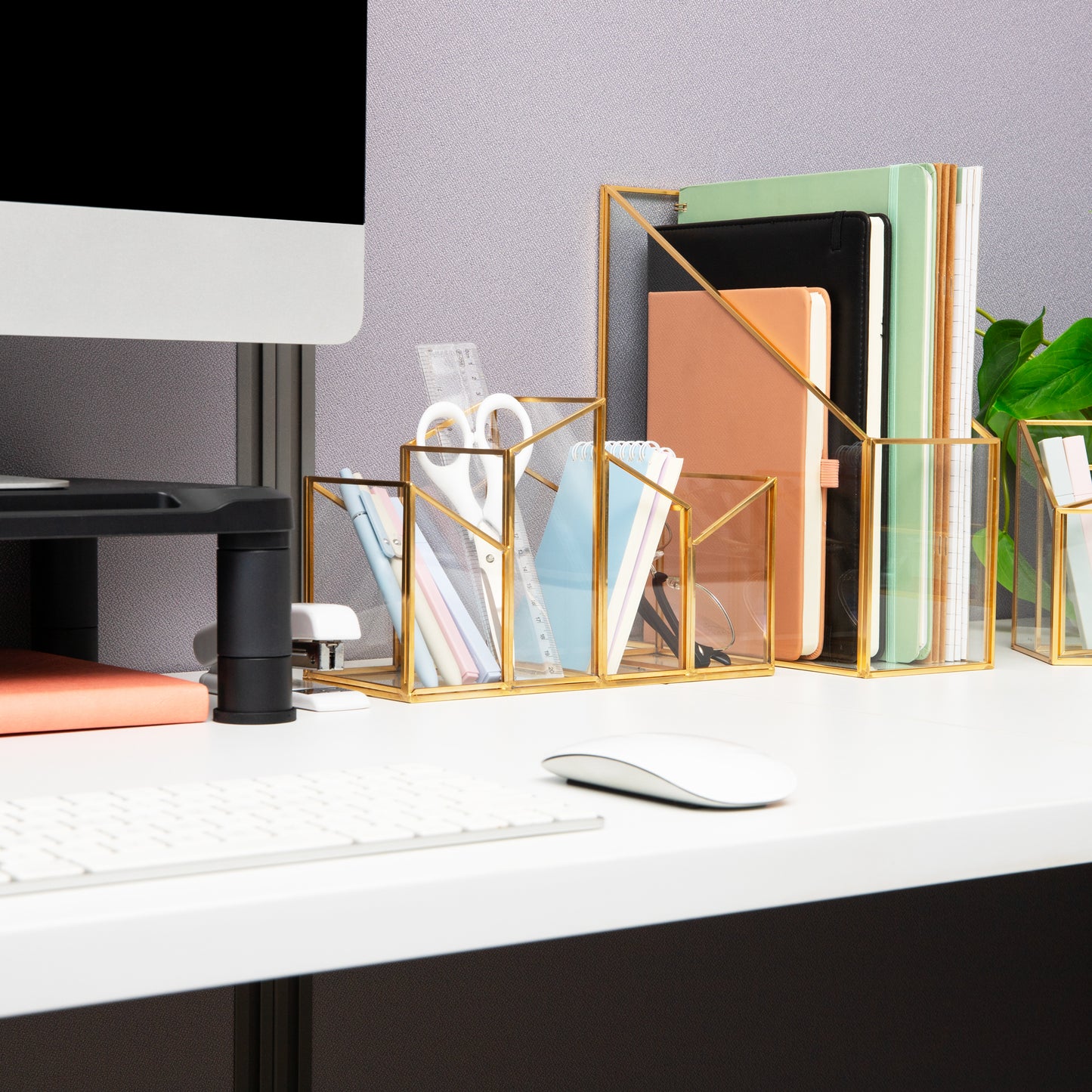 Mind Reader 4-Compartment Angled Glass Pen Holder with Copper Trim, Desktop Organizer for Office Supplies & Accessories, Glass and Copper, Clear