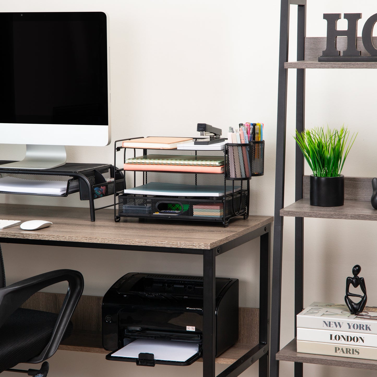 Mind Reader Mesh Desk Organizer, 3 Trays, 1 Drawer, 2 Pen Holders, Office Desktop Organizer, Metal Mesh, Black