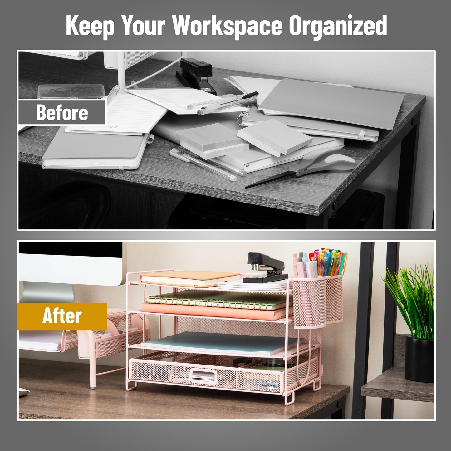 Mind Reader Mesh Desk Organizer, 3 Trays, 1 Drawer, 2 Pen Holders, Office Desktop Organizer, Metal Mesh, Pink