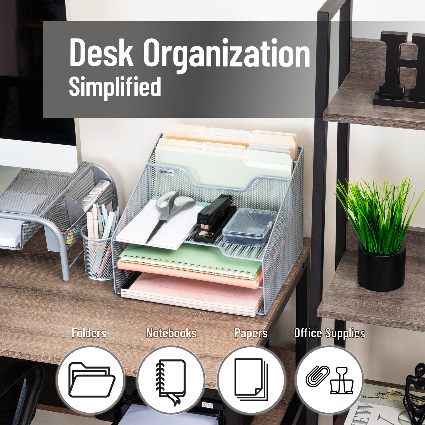 Mind Reader Desktop Organizer, Vertical File Holder, Paper Trays, Office, Metal Mesh, 12.5"L x 11.5"W x 9.5"H