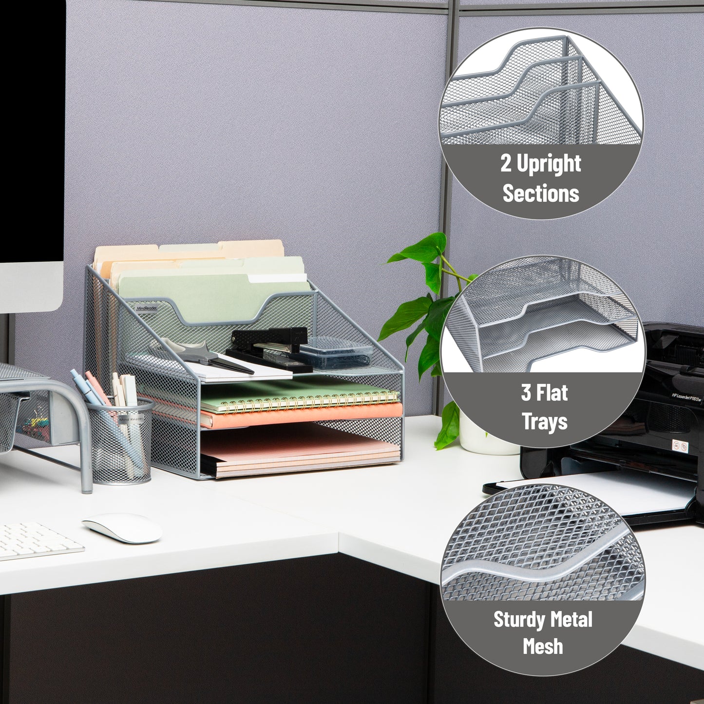 Mind Reader Desktop Organizer, Vertical File Holder, Paper Trays, Office, Metal Mesh, 12.5"L x 11.5"W x 9.5"H