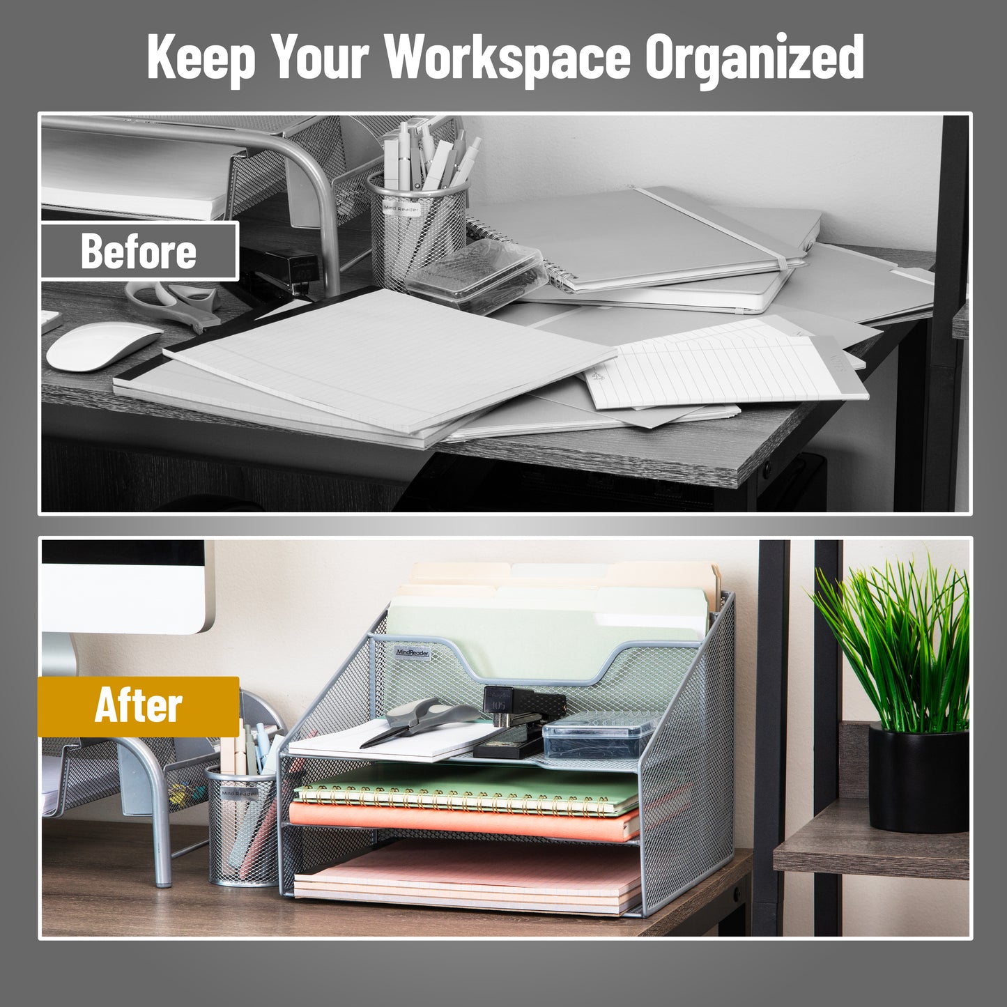 Mind Reader Desktop Organizer, Vertical File Holder, Paper Trays, Office, Metal Mesh, 12.5"L x 11.5"W x 9.5"H
