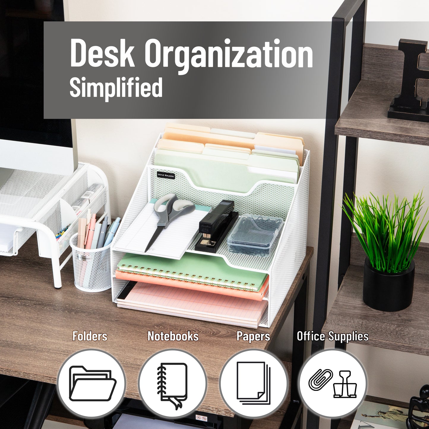 Mind Reader Desktop Organizer, Vertical File Holder, Paper Trays, Office, Metal Mesh, 12.5"L x 11.5"W x 9.5"H