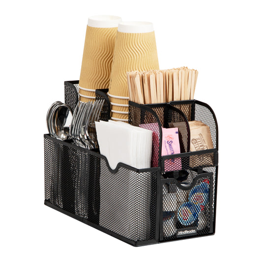 Mind Reader Cup and Condiment Station, Countertop Organizer, Coffee Bar, Kitchen, Metal Mesh, 5.75"L x 11"W x 11.5"H, Black