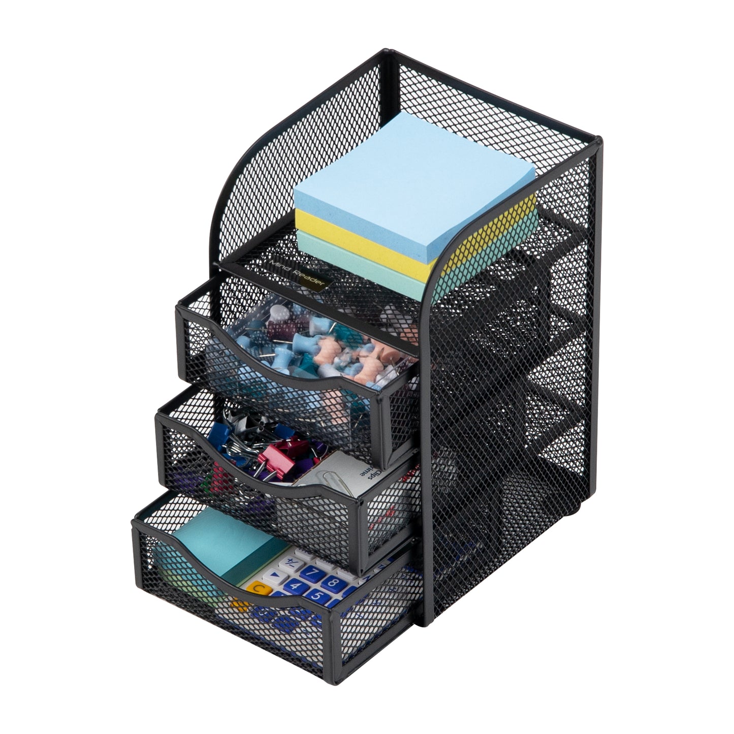 Mind Reader Network Collection, Mini 3-Drawer Accessory Storage, Desk Supplies, Memo Holder, Paper/Binder Clip Basket, Desktop Organizer, Metal Mesh, Black