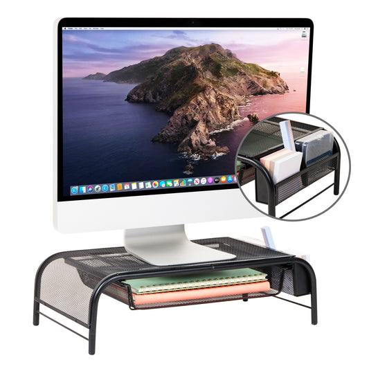 Mind Reader Monitor Stand, Ventilated Laptop Riser, Paper Tray, Storage, Office, Metal Mesh