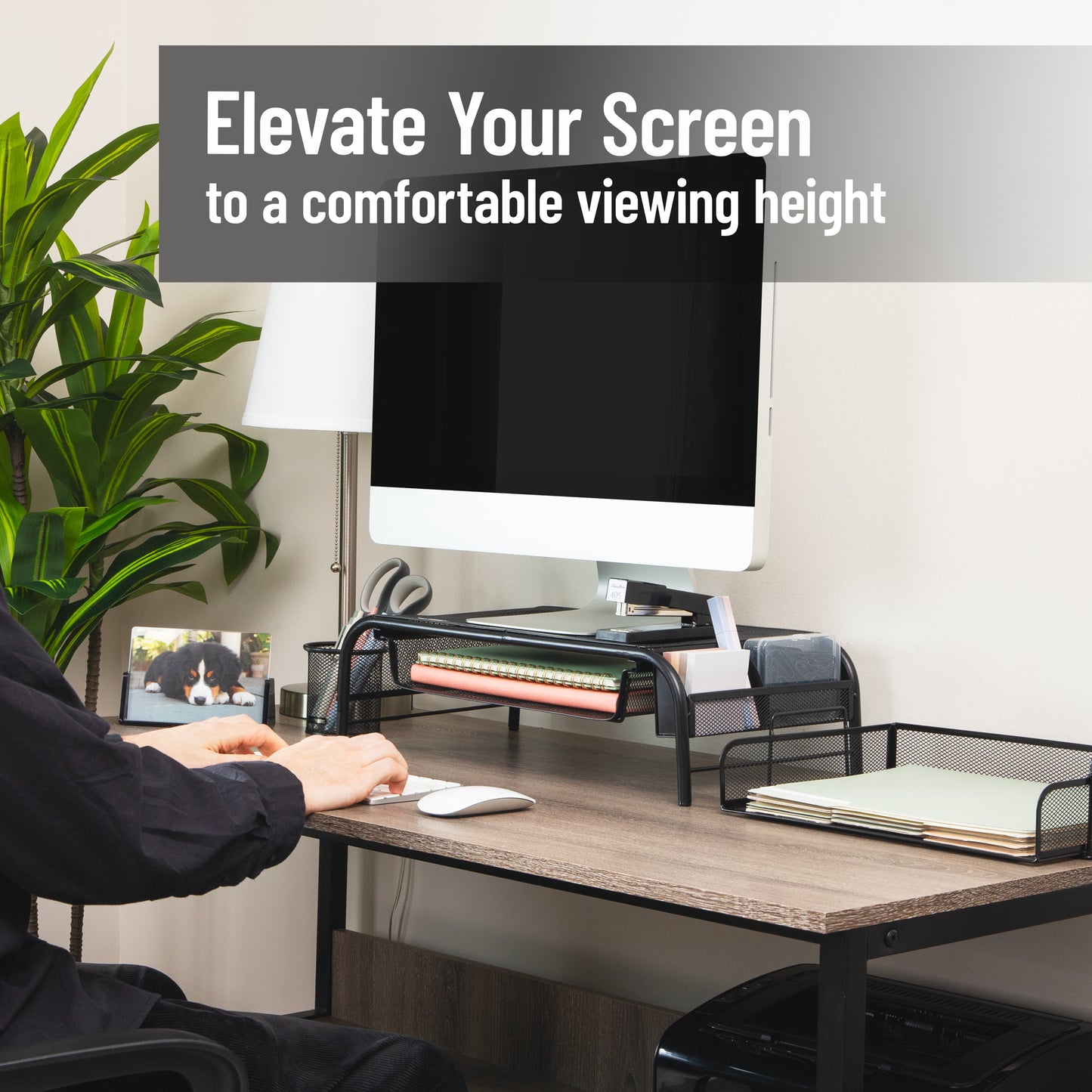 Mind Reader Monitor Stand, Ventilated Laptop Riser, Paper Tray, Storage, Office, Metal Mesh