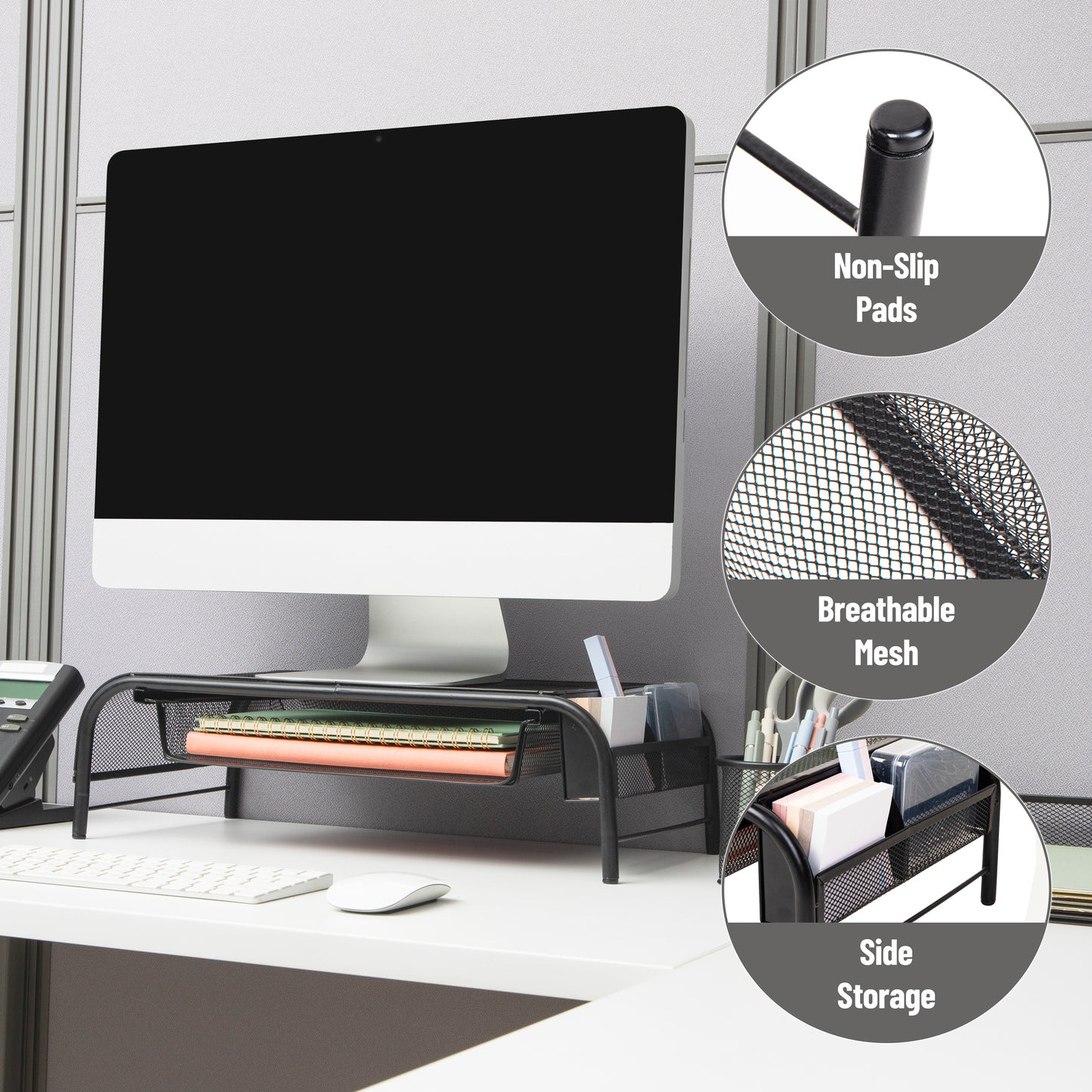 Mind Reader Monitor Stand, Ventilated Laptop Riser, Paper Tray, Storage, Office, Metal Mesh